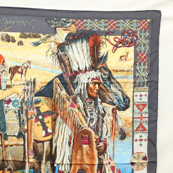 HERMES Carre 90 Scarf ""Les Cheyennes"" Silk Brown - Picture 4 of 14